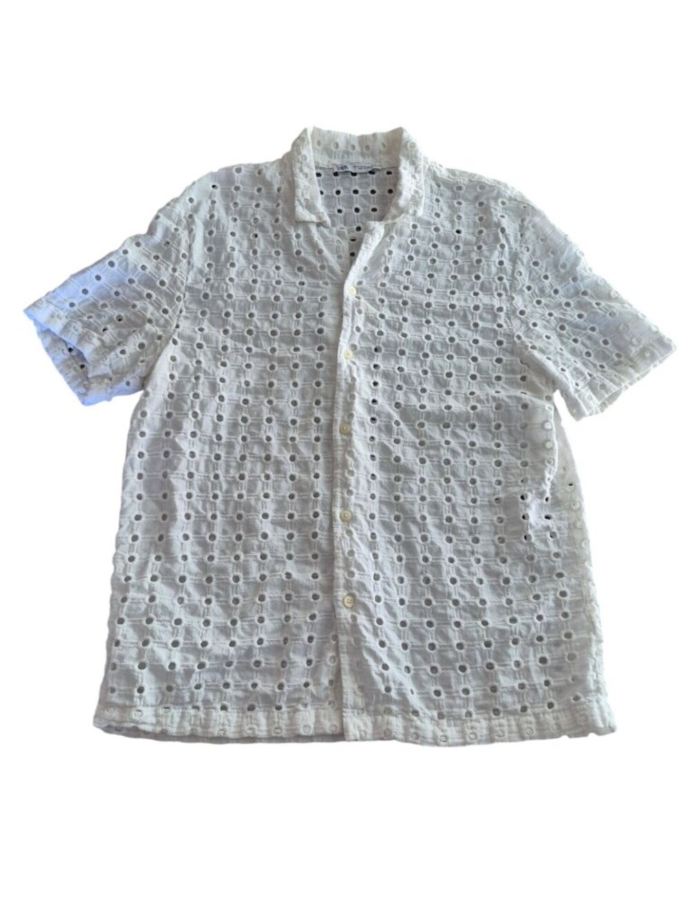 Zara Men White Eyelet Short-Sleeve Button-Up Shirt XL Coastal Grandpa Resortwear